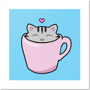 Cute grey cat with a pink heart Posters and Art